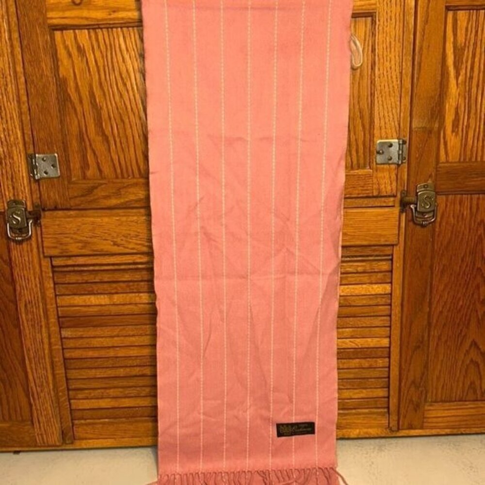 Vintage Pink Cashmere Scarf With White Stripe Pattern & Tassels Made In England